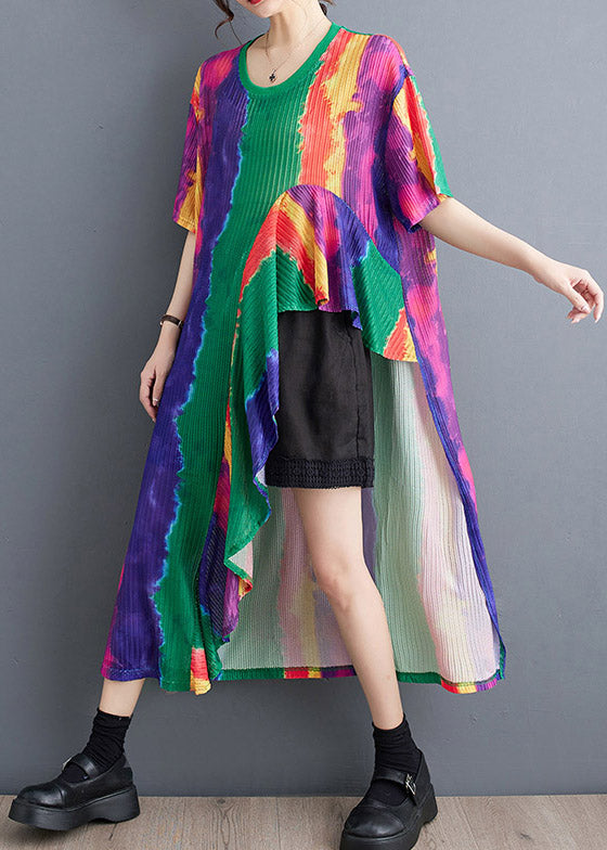 Classy O-Neck Asymmetrical Patchwork Print Maxi Dress Short Sleeve