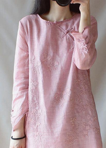 Classy O Neck Chinese Button Clothes For Women Shape Pink Embroidery Shirt - SooLinen