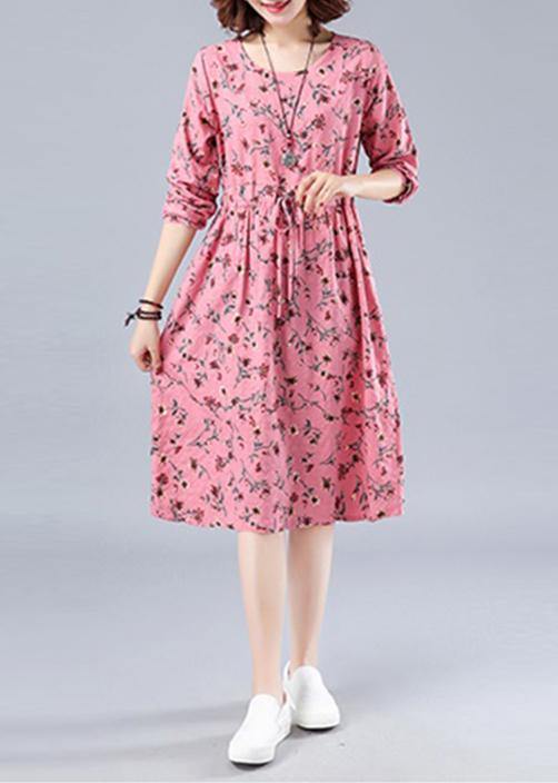 Classy O Neck Drawstring Spring Outfit Runway Pink Print Dress - SooLinen