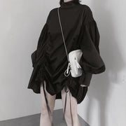 Classy O Neck Drawstring Tunics Sleeve Black Dress - SooLinen