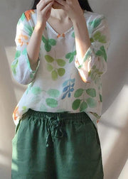 Classy O neck Blouses For Women Shape Green Leaf Print Shirts - SooLinen