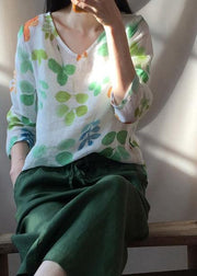 Classy O neck Blouses For Women Shape Green Leaf Print Shirts - SooLinen