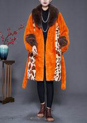 Classy Orange Fur Collar Patchwork Leopard Faux Fur Coat Winter