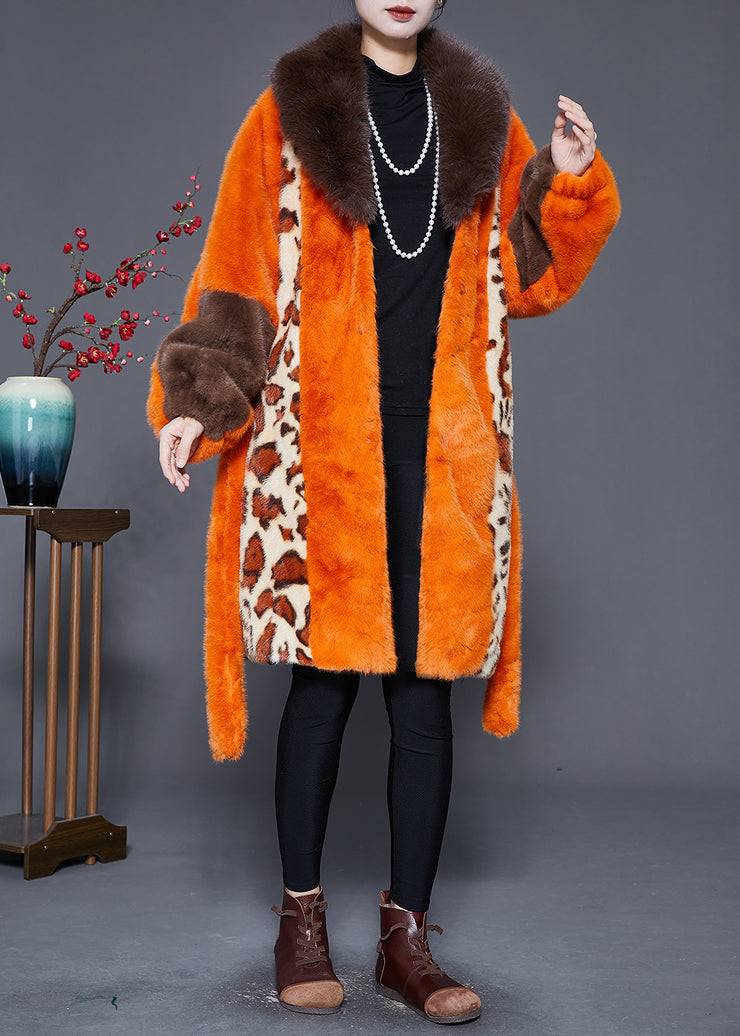 Classy Orange Fur Collar Patchwork Leopard Faux Fur Coat Winter