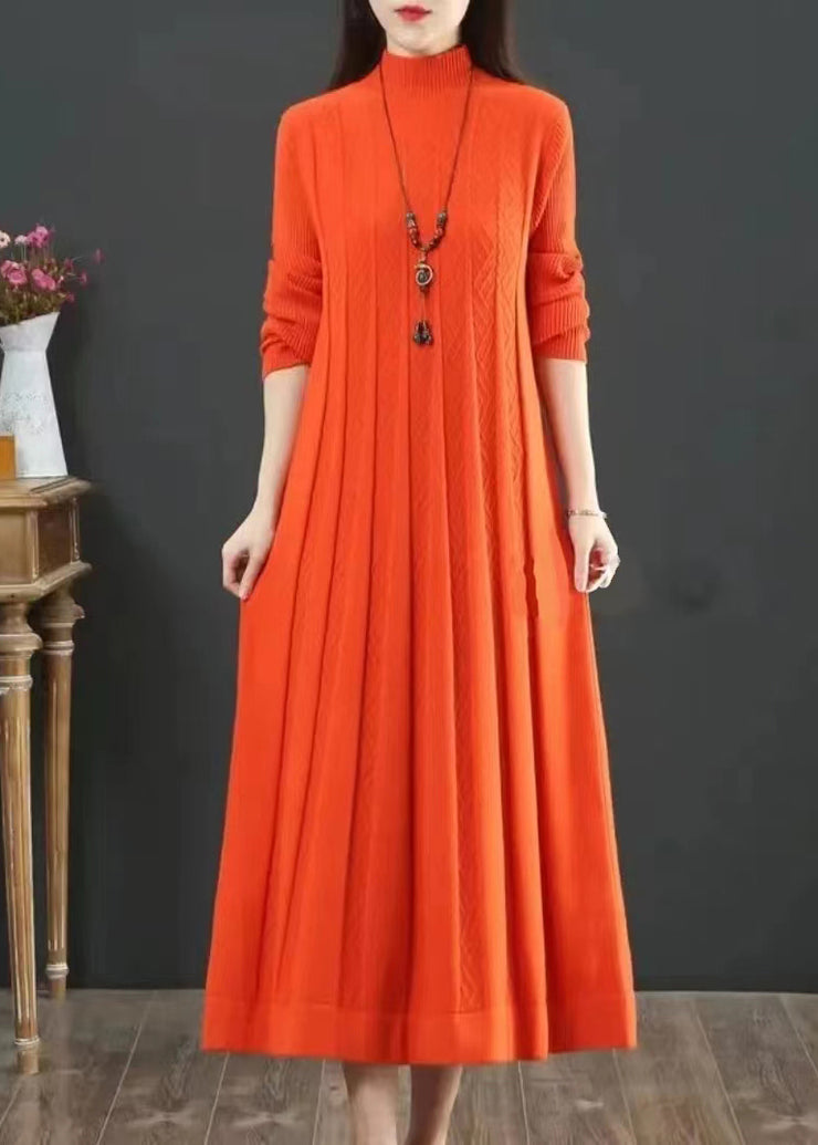 Classy Orange Hign Neck Wrinkled Patchwork Knit Long Dress Winter
