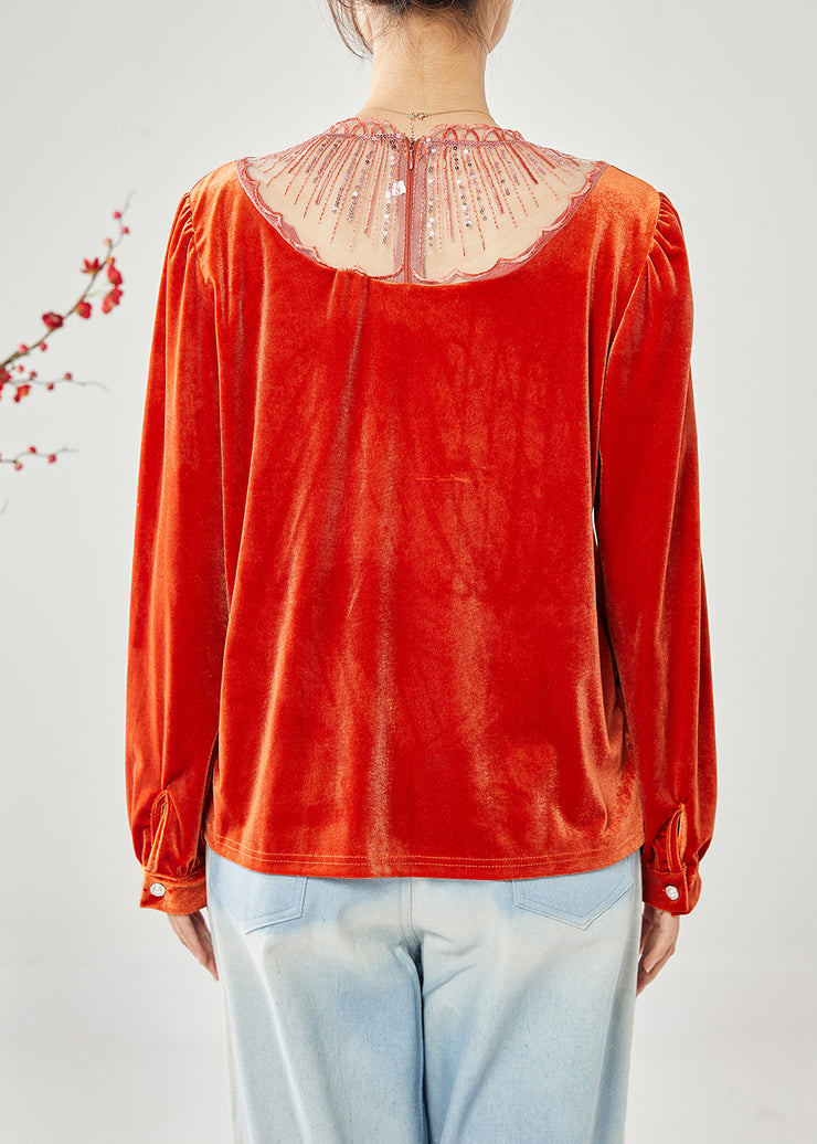 Classy Orange Hollow Out Patchwork Sequins Silk Velour Shirt Tops Spring