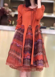 Classy Orange Knit Patchwork Tulle Embroidered  Fall Long sleeve Dress