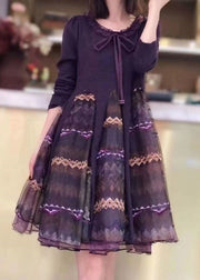 Classy Orange Knit Patchwork Tulle Embroidered  Fall Long sleeve Dress