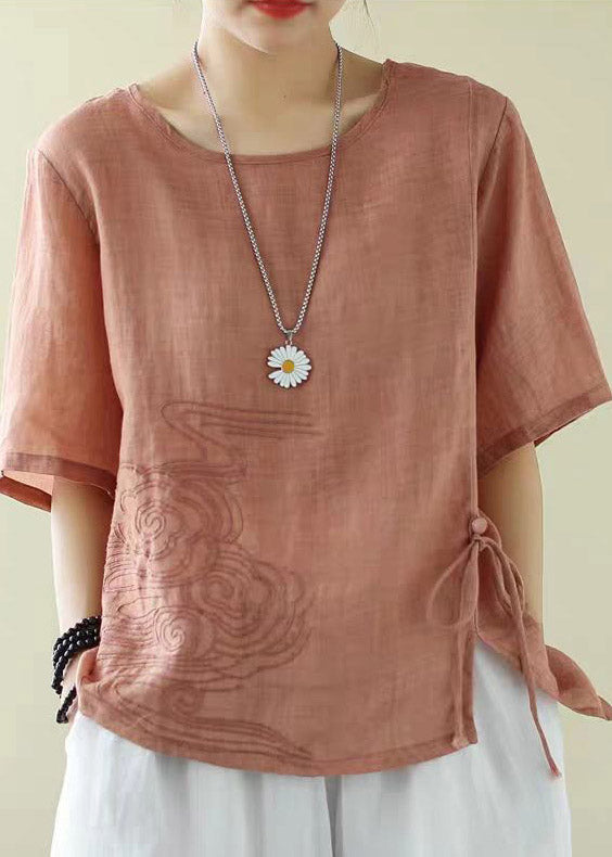 Classy Orange O-Neck Embroidered Drawstring low high design Cotton Tops Short Sleeve