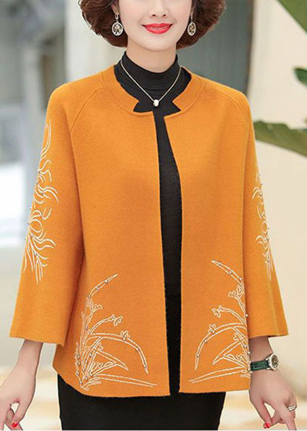Elegante orange O-Neck bestickte Nagelperlen-Wolljacke mit langen Ärmeln