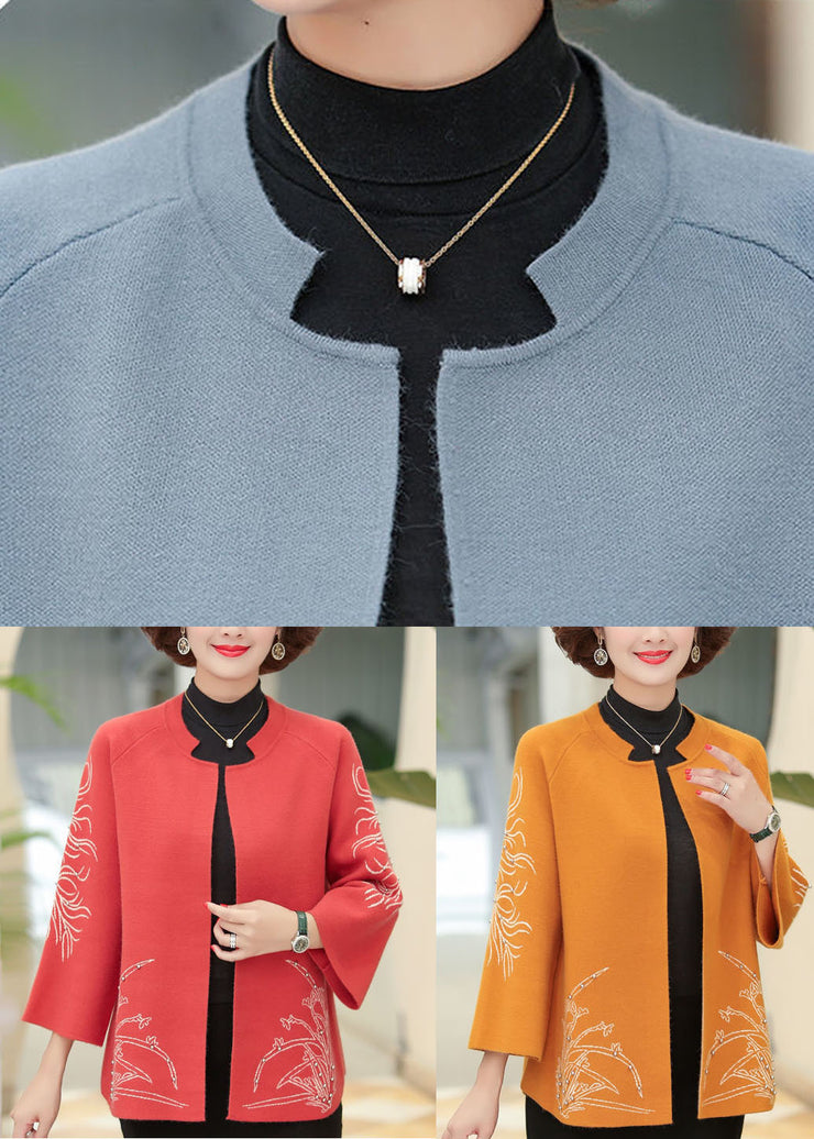 Classy Orange O-Neck Embroidered Nail Bead Woolen Cardigan Long Sleeve