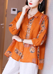 Classy Orange Peter Pan Collar Print Button Linen Shirts Long Sleeve