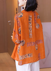 Elegantes orangefarbenes Leinenhemd mit Peter-Pan-Kragen und langen Ärmeln