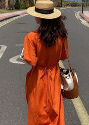 Classy Orange V Neck Pockets Patchwork Tie Waist Cotton Maxi Dress Summer
