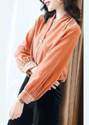 Classy Orange V Neck Solid Patchwork Silk Velour Shirt Top Long Sleeve