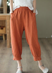 Classy Orange Wrinkled Pockets Patchwork Linen Crop Pants Summer