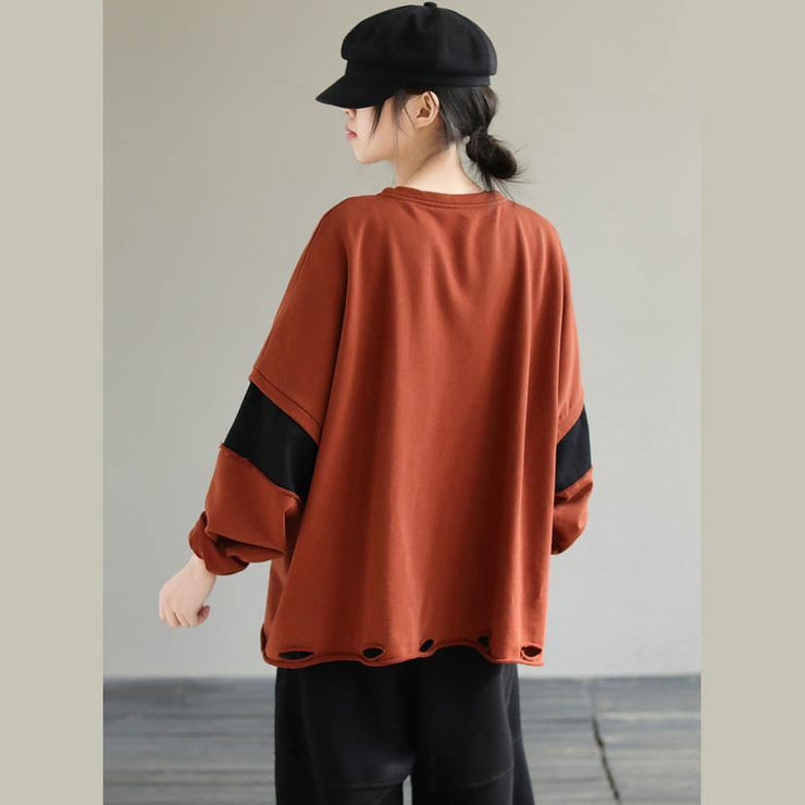 Classy Orange cotton Tunic Top Patchwork loose Sweatshirt - SooLinen