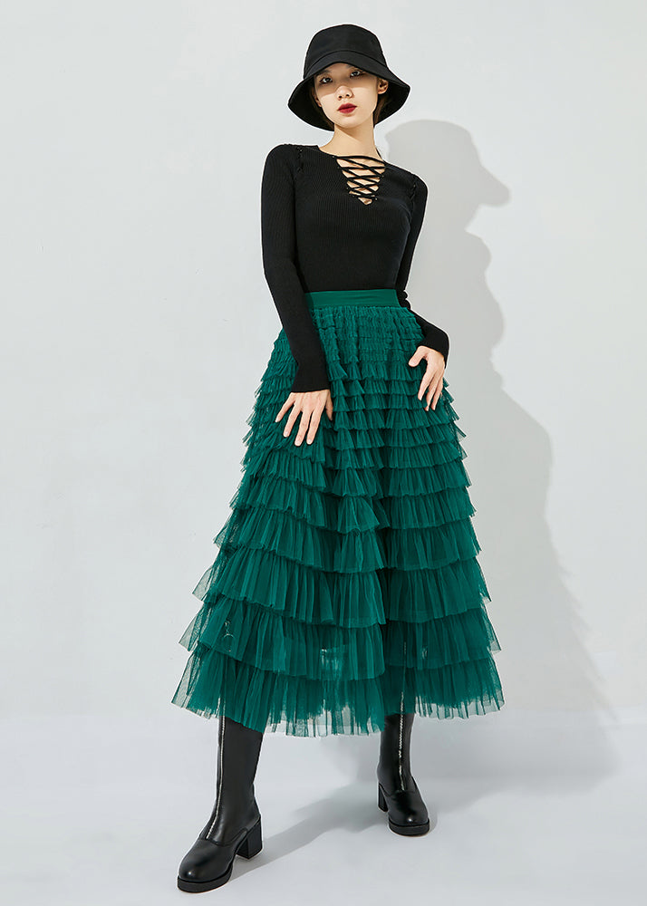 Classy Peacock Green Elastic Waist Layered Tulle Skirts Summer