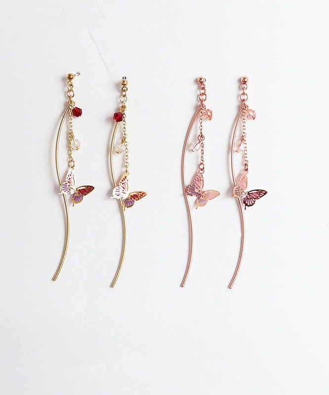 Elegante rosafarbene Schmetterlings- und Linie-Kupfer-Edelstein-Tropfen-Ohrringe