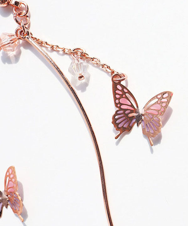 Elegante rosafarbene Schmetterlings- und Linie-Kupfer-Edelstein-Tropfen-Ohrringe