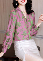Classy Pink Button V Neck Jacquard Silk Shirt Long Sleeve