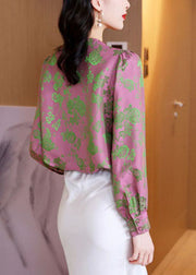 Classy Pink Button V Neck Jacquard Silk Shirt Long Sleeve