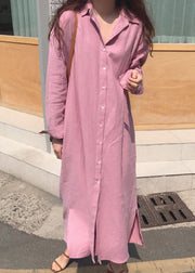 Elegantes rosa Knopf seitlich offen Baumwollhemd langes Kleid Frühling
