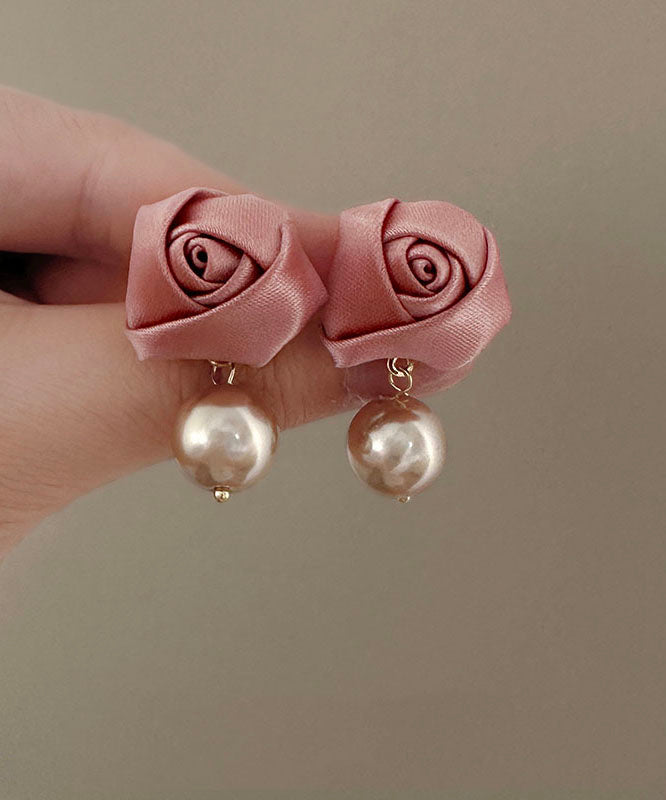 Classy Pink Copper Overgild Rose Pearl Fabric Drop Earrings