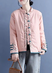 Classy Pink Embroidered Chinese Button Fine Cotton Filled Jacket Winter