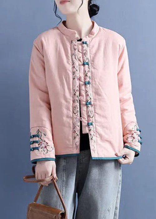 Classy Pink Embroidered Chinese Button Fine Cotton Filled Jacket Winter