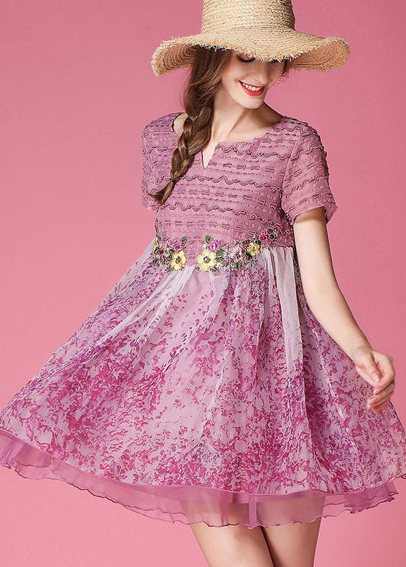 Classy Pink Embroidered Patchwork Wrinkled Organza Dress Short Sleeve