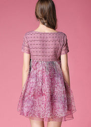 Classy Pink Embroidered Patchwork Wrinkled Organza Dress Short Sleeve