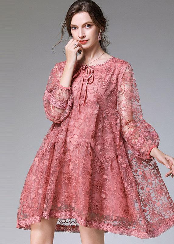 Classy Pink Fashion Spring Lace Party Dress Long Sleeve - SooLinen