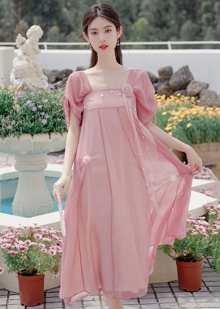 Classy Pink Floral Drawstring Patchwork Chiffon Dress Summer