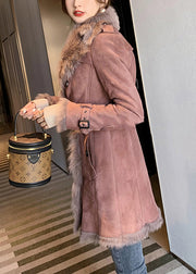 Classy Pink Fur Collar Tie Waist Leather And Fur Coats Winter