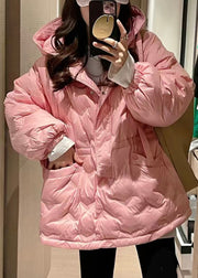 Classy Pink Hooded Zippered Pockets Duck Down Coat Short Sleeve
