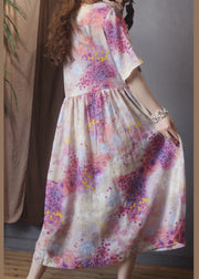 Classy Pink O-Neck Drawstring Floral Linen Mid Dress Half Sleeve