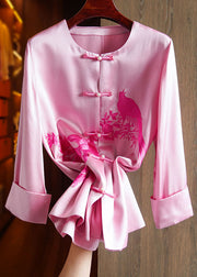 Classy Pink O-Neck Embroidered Floral Silk Top Long Sleeve