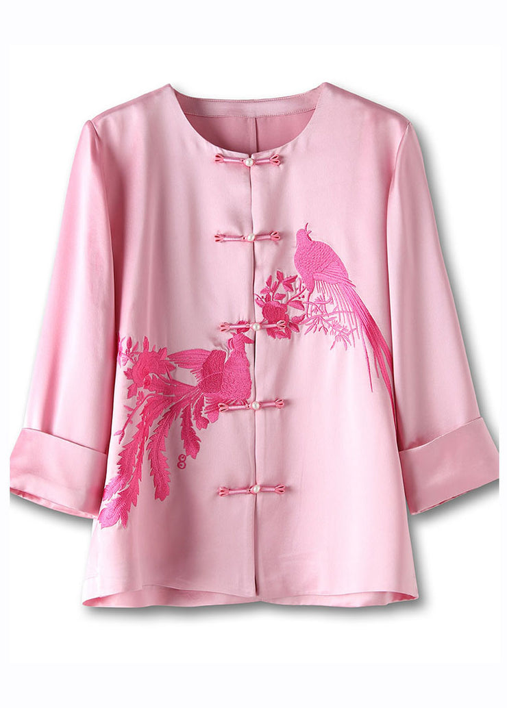 Classy Pink O-Neck Embroidered Floral Silk Top Long Sleeve