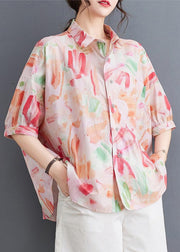 Classy Pink Peter Pan Collar Print Patchwork Cotton Shirts Summer