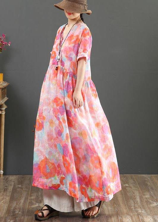 Classy Pink Print V Neck Party Summer Linen Dress - SooLinen