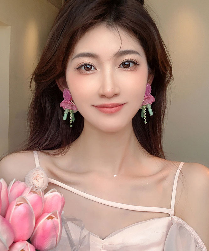 Classy Pink Resin Love Tulle Flower Tassel Drop Earrings