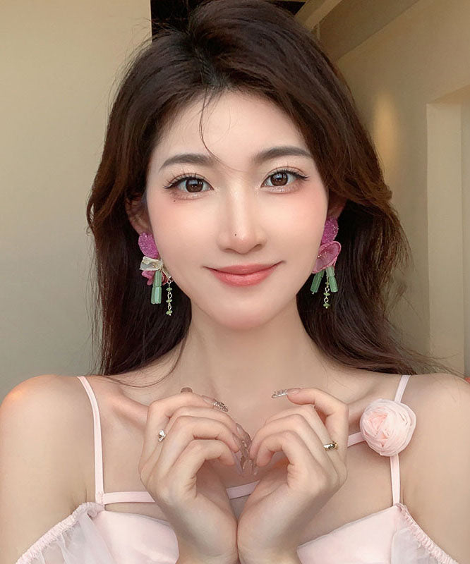 Classy Pink Resin Love Tulle Flower Tassel Drop Earrings