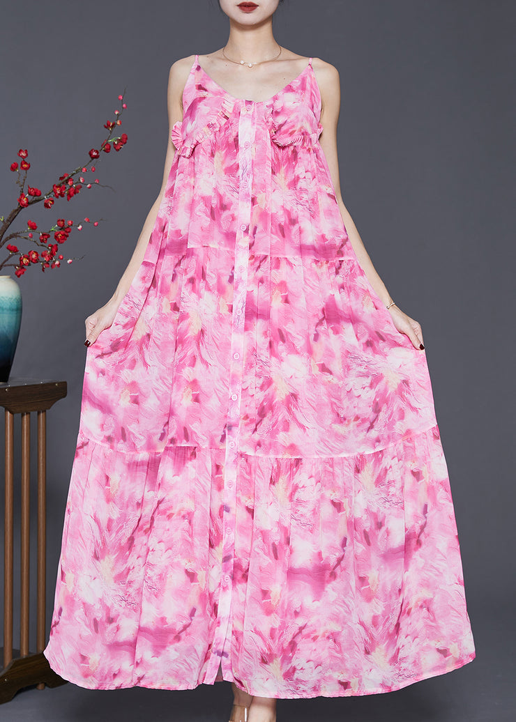 Classy Pink Ruffled Print Chiffon Spaghetti Strap Dress Summer