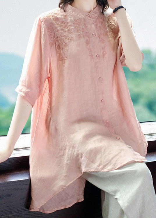 Classy Pink Stand Collar Embroidered Button Cotton Long Shirts And Pants Two Pieces Set Half Sleeve