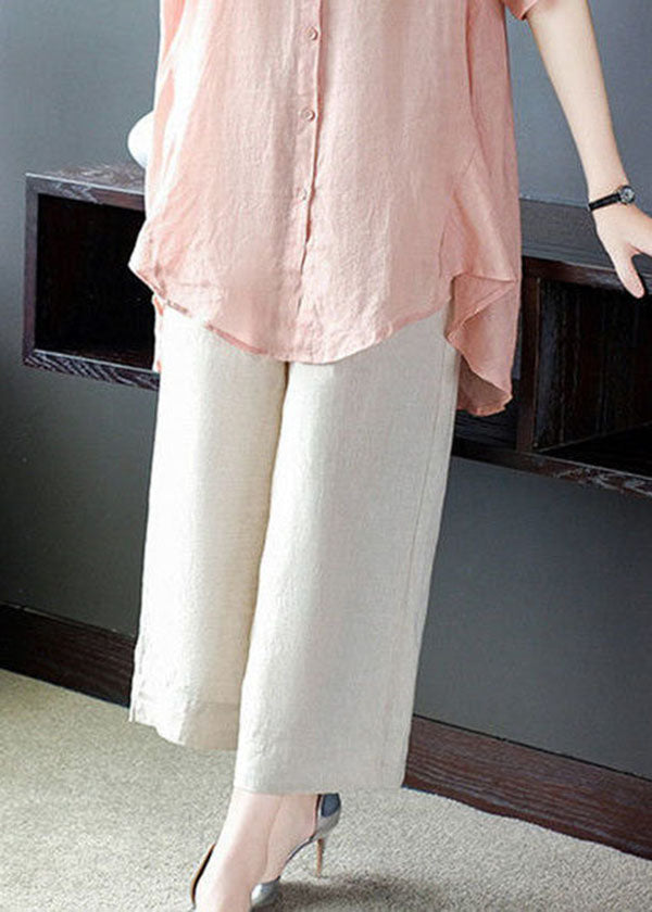 Classy Pink Stand Collar Embroidered Button Cotton Long Shirts And Pants Two Pieces Set Half Sleeve