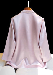 Classy Pink Stand Collar Embroideried Button Silk Coat Spring