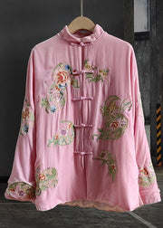 Classy Pink Stand Collar Embroidered Patchwork Silk Velour Outwear Spring