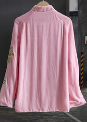 Classy Pink Stand Collar Embroidered Patchwork Silk Velour Outwear Spring