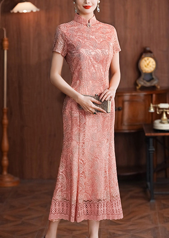 Classy Pink Stand Collar Lace Patchwork Long Dresses Summer
